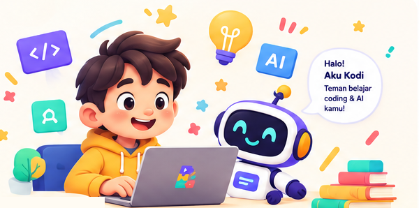 Anak belajar coding di laptop bersama robot Kodi